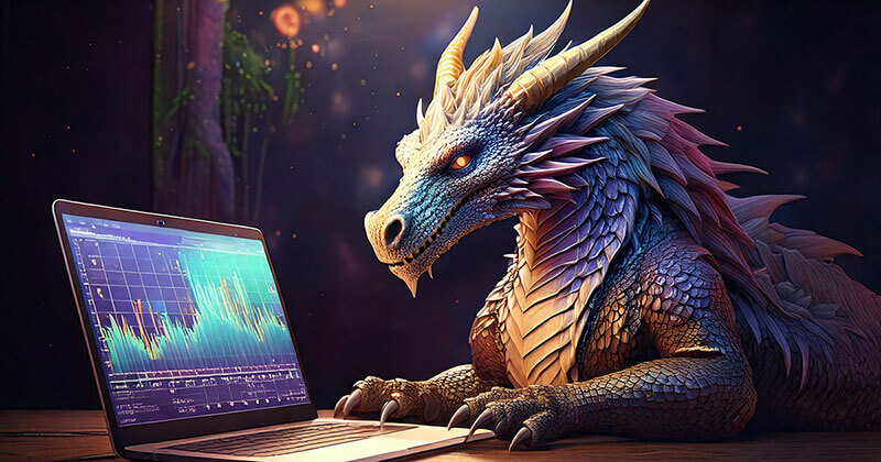 A mythical dragon reviewing analytics on a laptop.