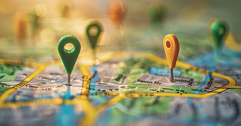 Colored markers pinning various locations on a map.