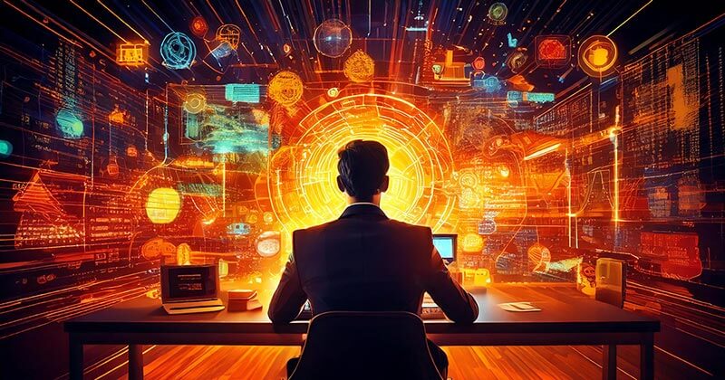 Professional working on computer, AI icons and data surrounding the room.
