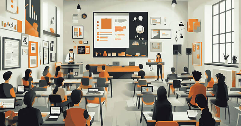 Training class in session. Content and content icons displayed on wall and board.