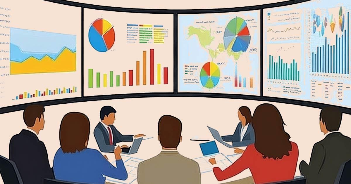 Professionals meeting with a client, presenting data and analytics on screens.