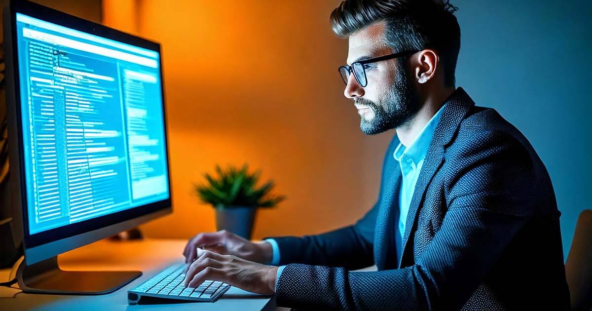 A bearded man in glasses wearing a blazer sits at a computer displaying code, with overlaid text reading “What to analyze in the search results when doing keyword research.”